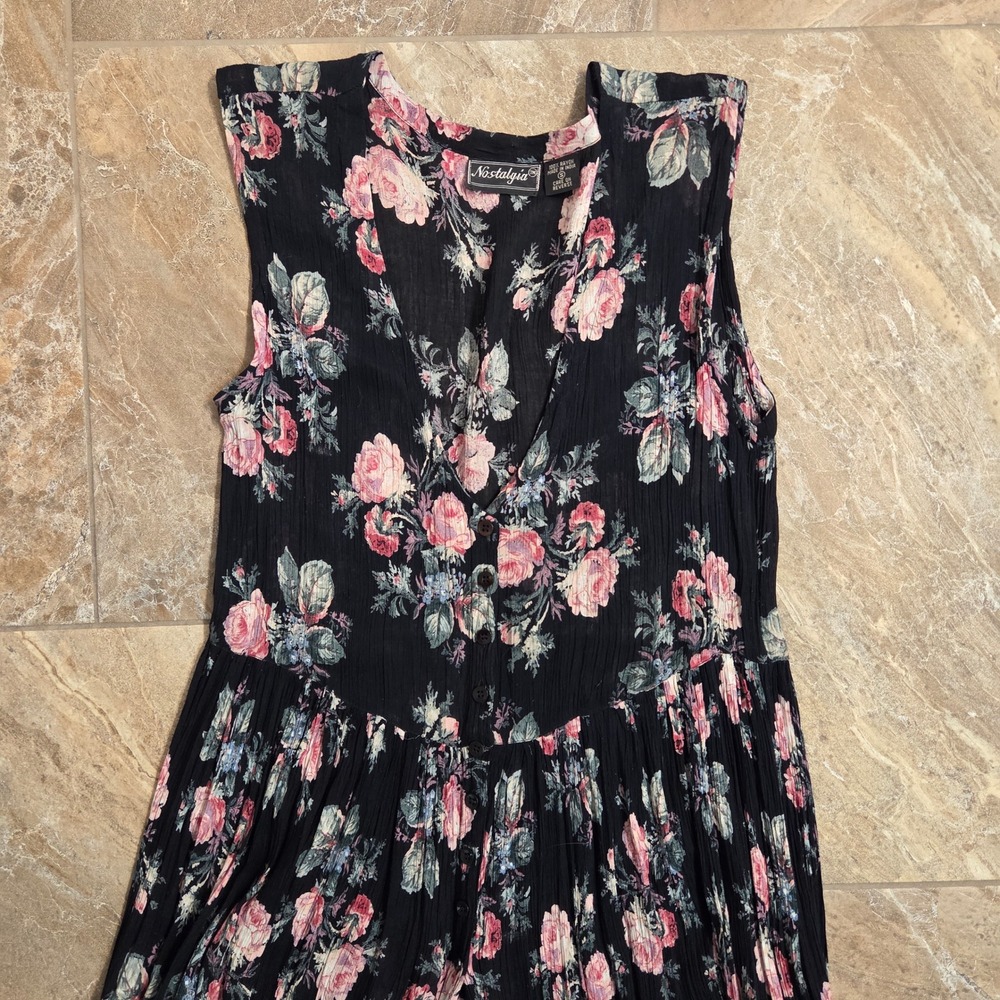 Vintage 90s‎ Nostalgia Womens Black Floral Crinkle Rayon Button Front Maxi S - Picture 7 of 9